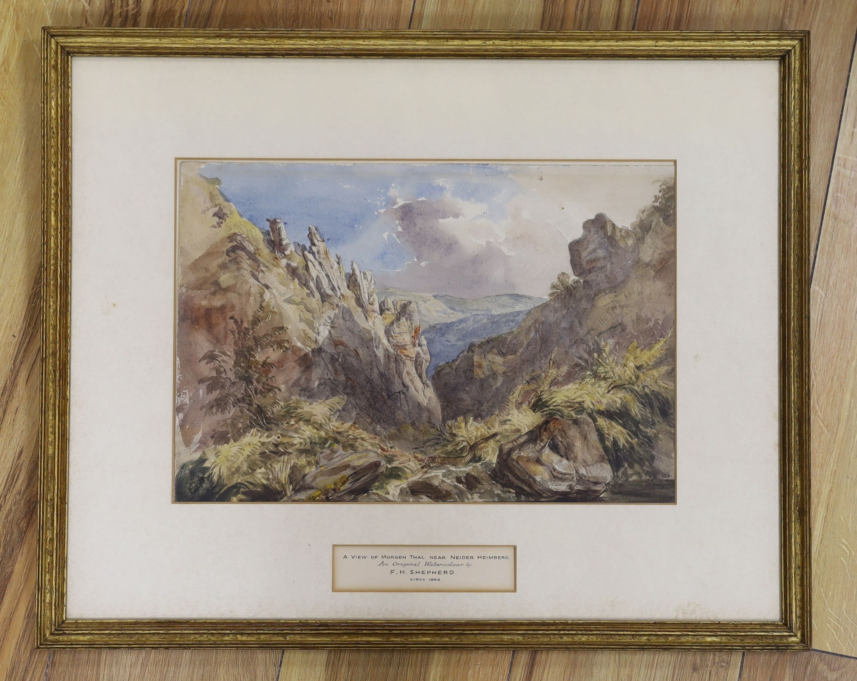 F.H. Shepherd (19th C.), watercolour, 'A View of Morgen Thal, near Neider Heimberg', title plaque dated 1843, 24 x 35cm